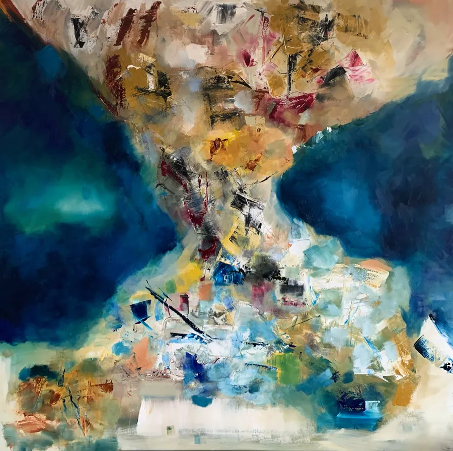 Une peinture aux deux masses bleues traversée de matière claire