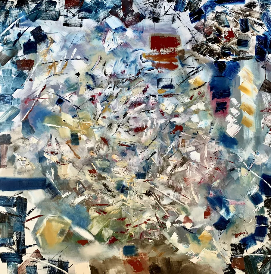Peinture composée de fragments blancs, bleus et ocres