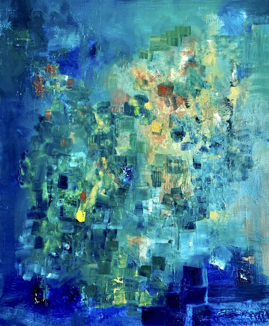 Peinture bleue et turquoise traversée de touches jaunes