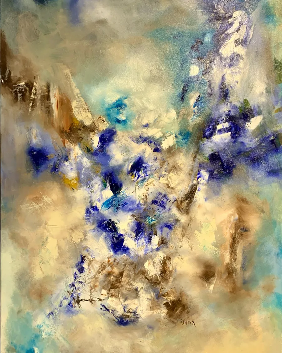 Peinture aux éclats bleus dans une lumière ocre