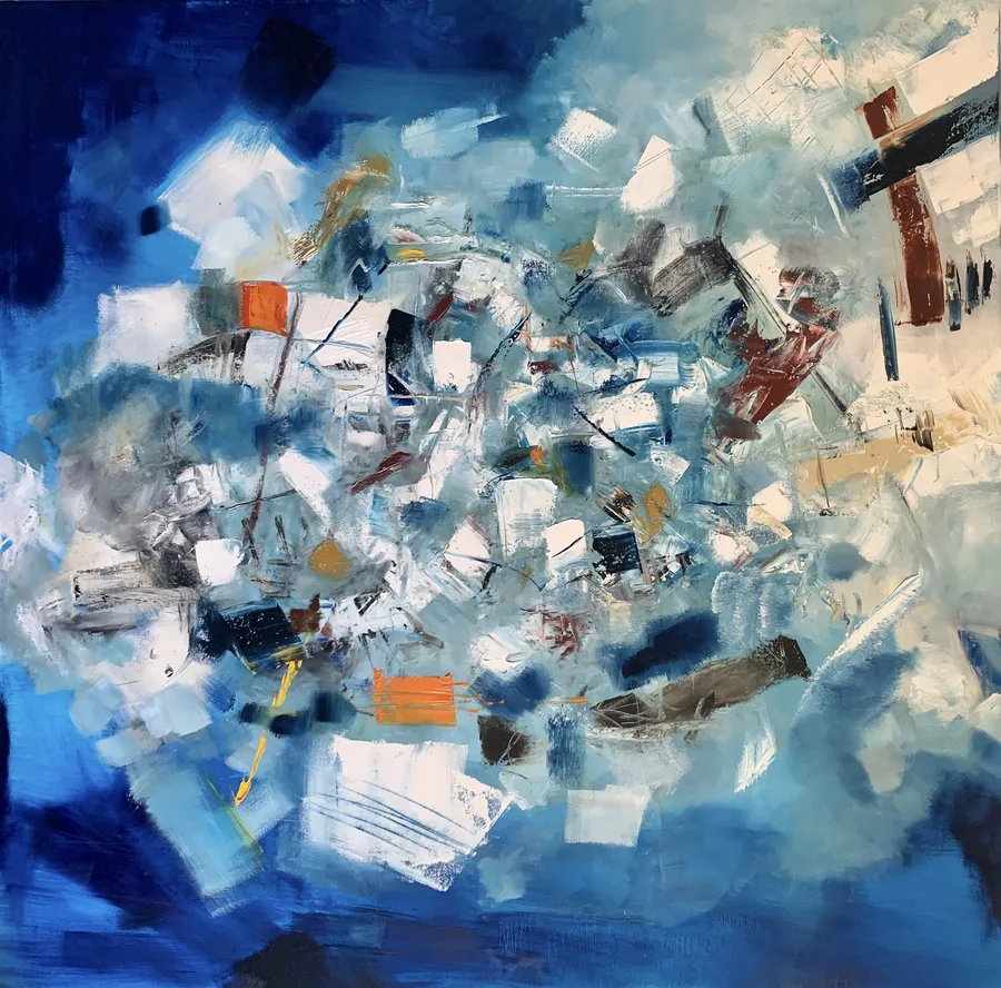 Peinture blanche et bleue aux fragments en suspension