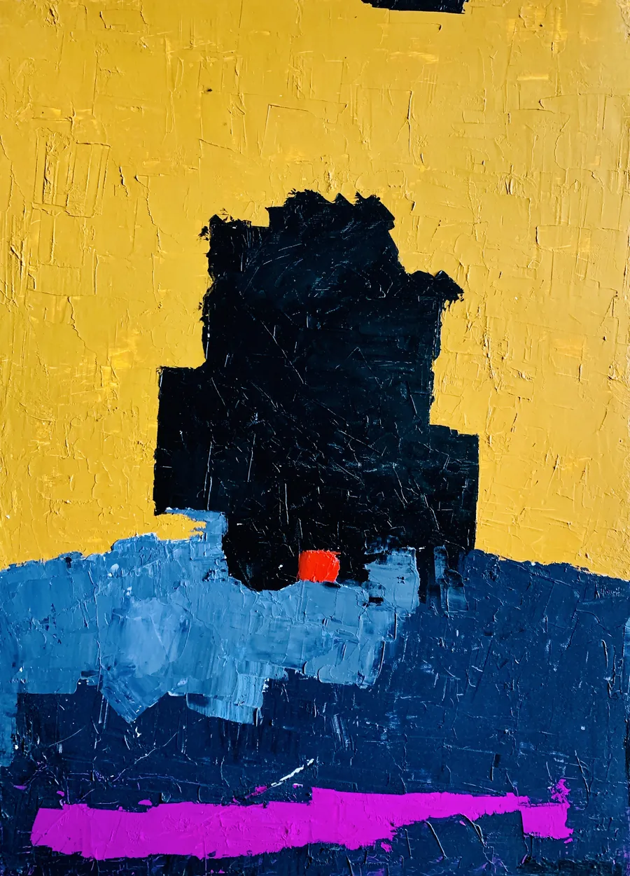 Forme noire sur une peinture jaune, bleue et rose