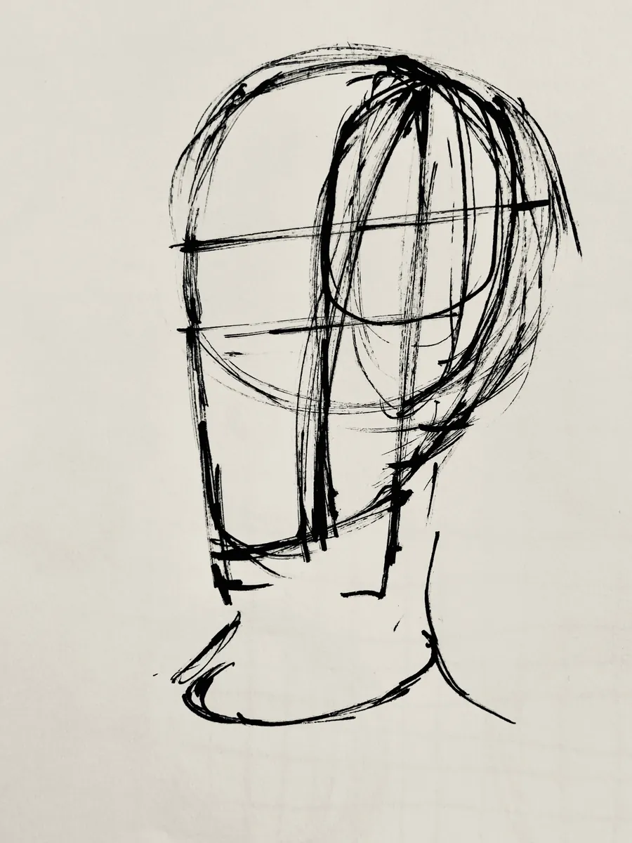 Tête dessinée par des boucles et des lignes noires