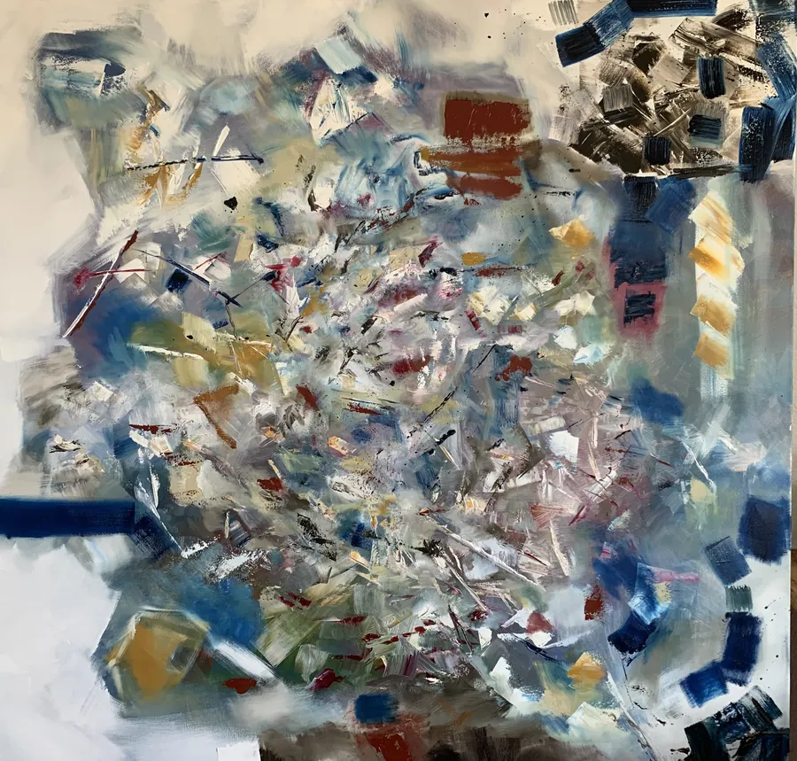 Détail de la composition d’éclats blancs, bleus et ocres