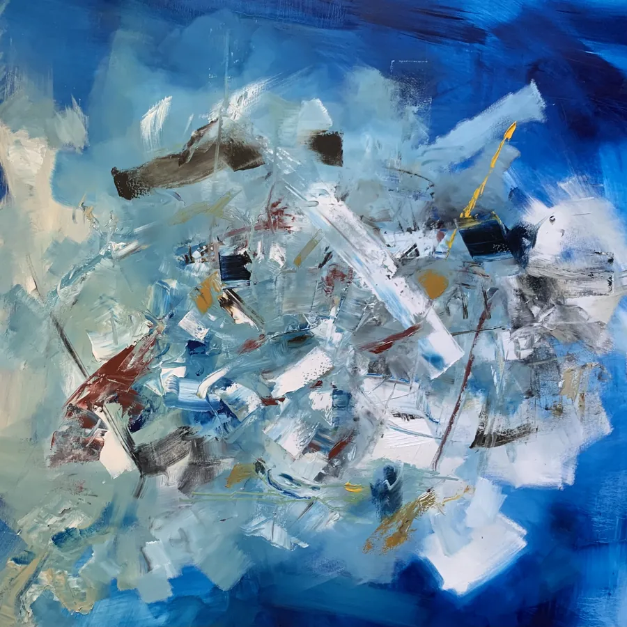 La toile bleue s’emplit de fragments gris et blancs