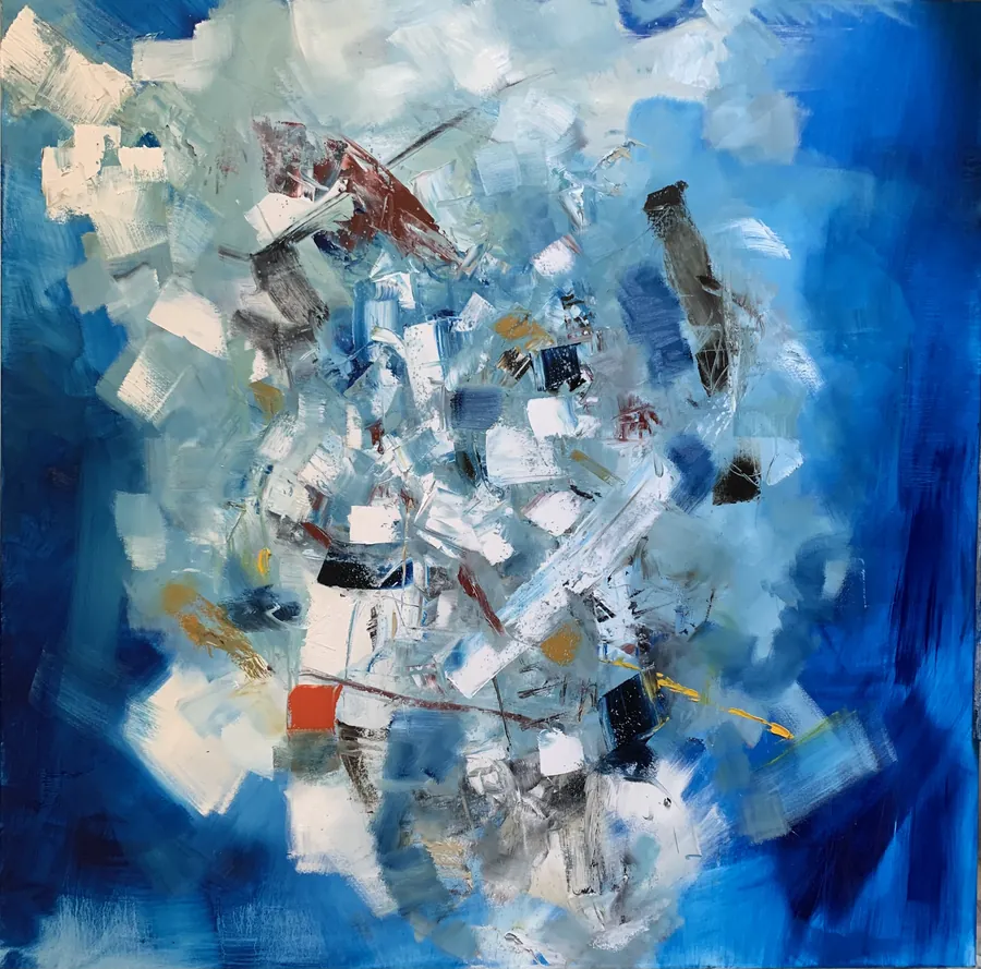La peinture bleue et blanche avec des lignes sombres