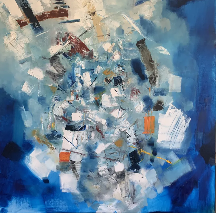 La toile bleue densifiée de formes blanches et grises