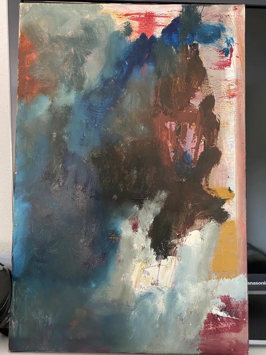 Peinture rouge, bleue et grise aux bords irréguliers