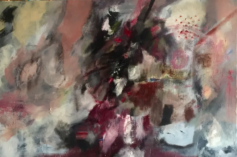 Gestes rouges, noirs et gris sur une toile claire