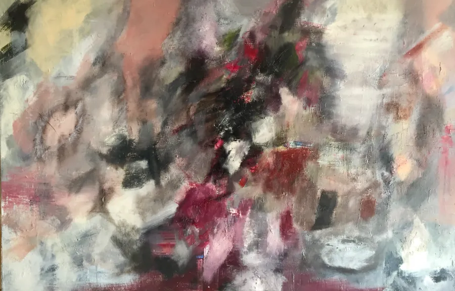 Une autre vue d’une toile aux gestes rouges et gris