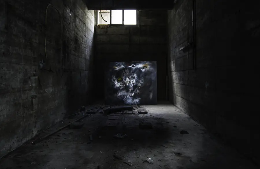 Une toile dans une salle sombre aux murs bruts des anciennes caves Provins