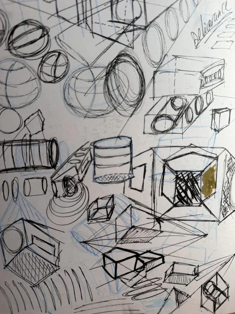Cylindres et cubes dessinés en série au feutre