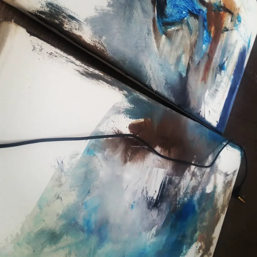 Deux toiles bleues et brunes traversées par un câble
