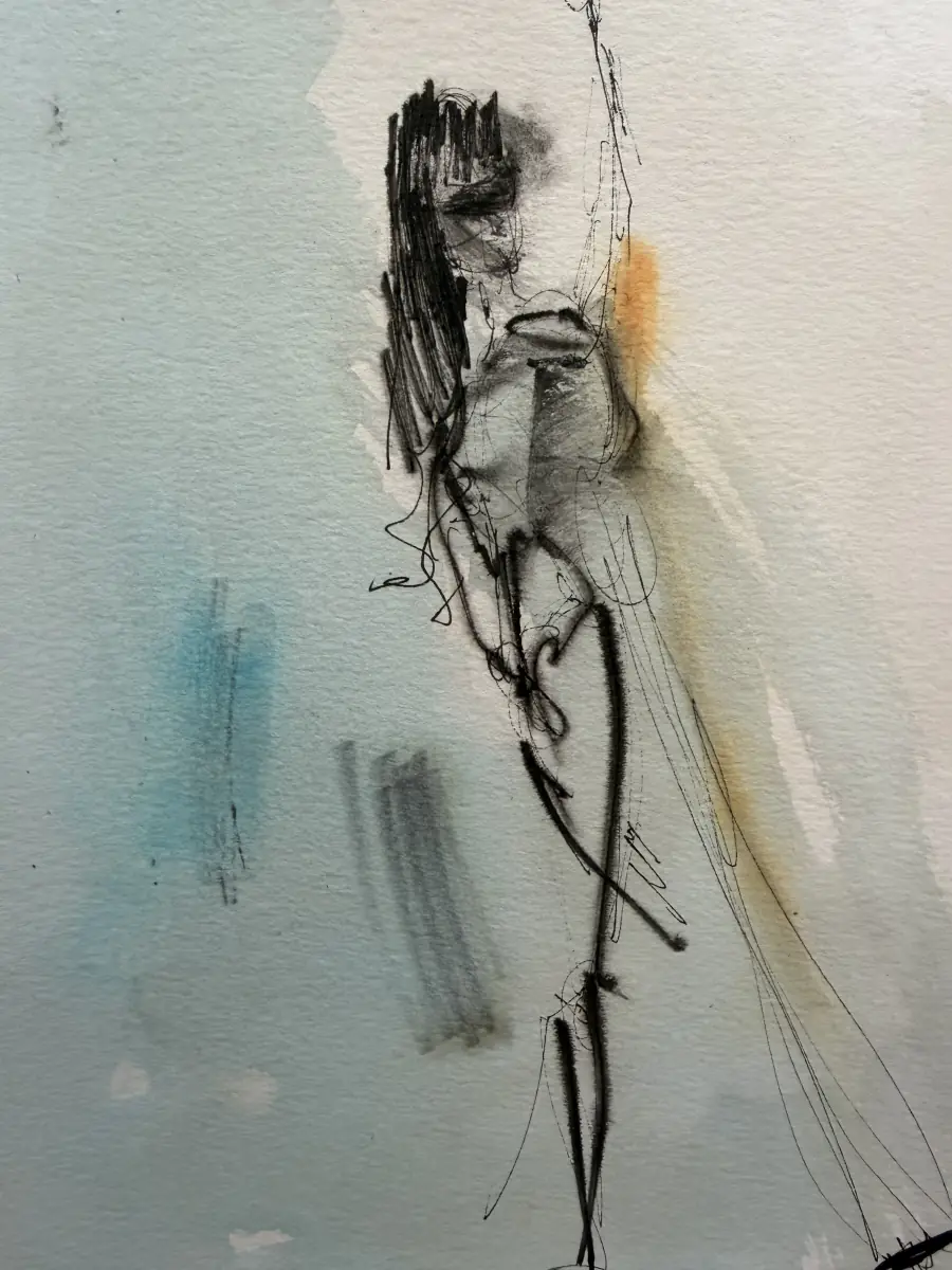 Une figure allongée au trait, lavis bleu et ocre pâle