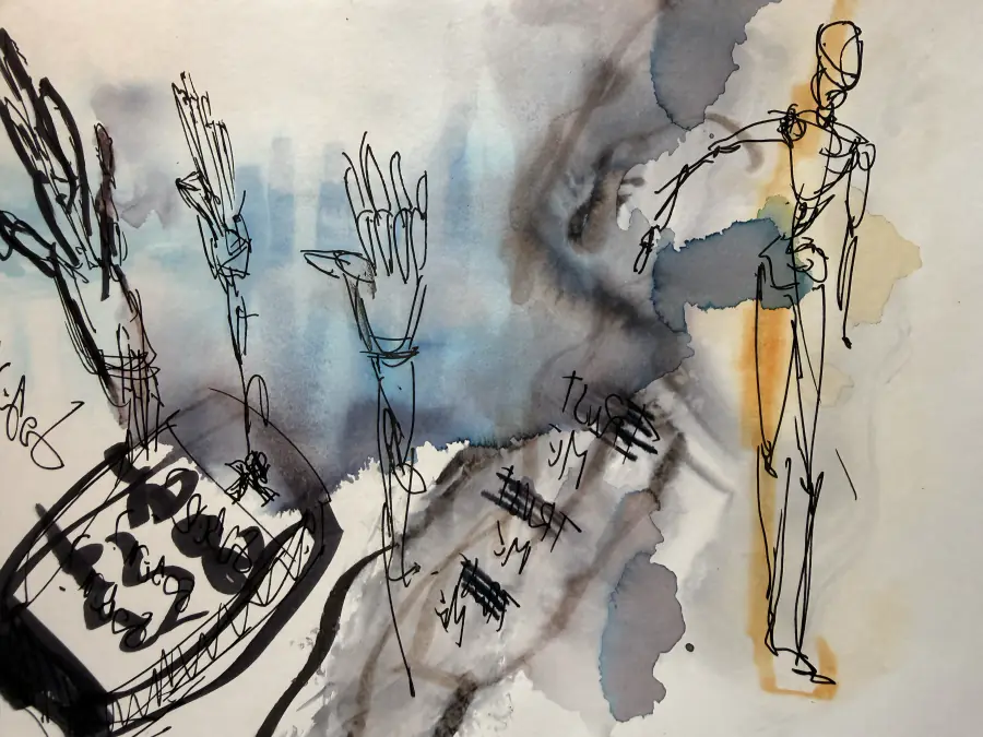 Une figure debout et des mains levées sur un lavis bleu et brun