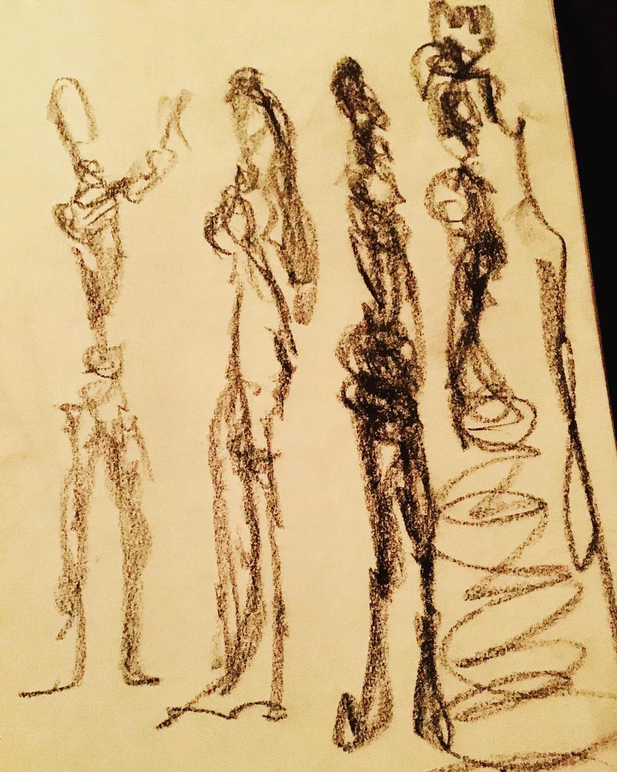 Figures allongées aux traits bruns sur papier ocre