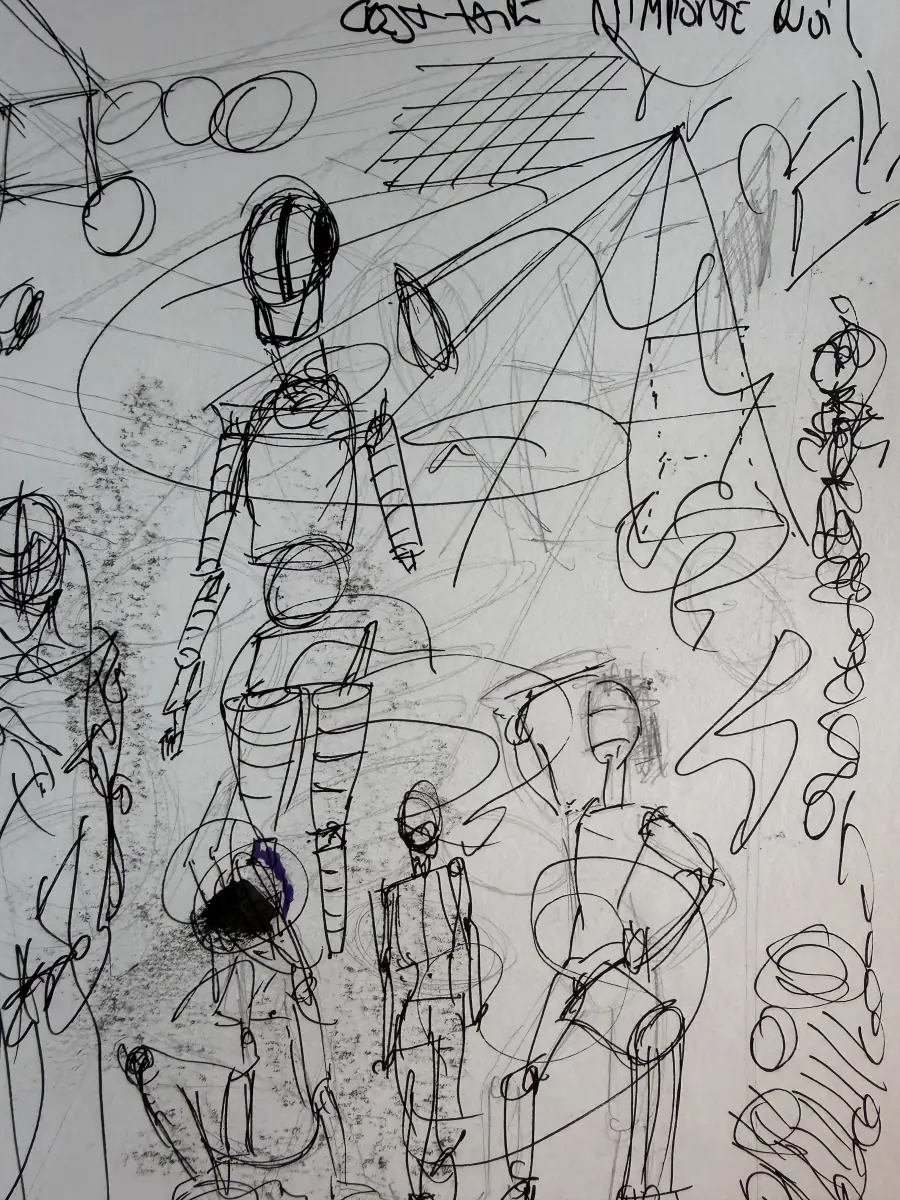 Figures griffonnées au stylo noir, page couverte