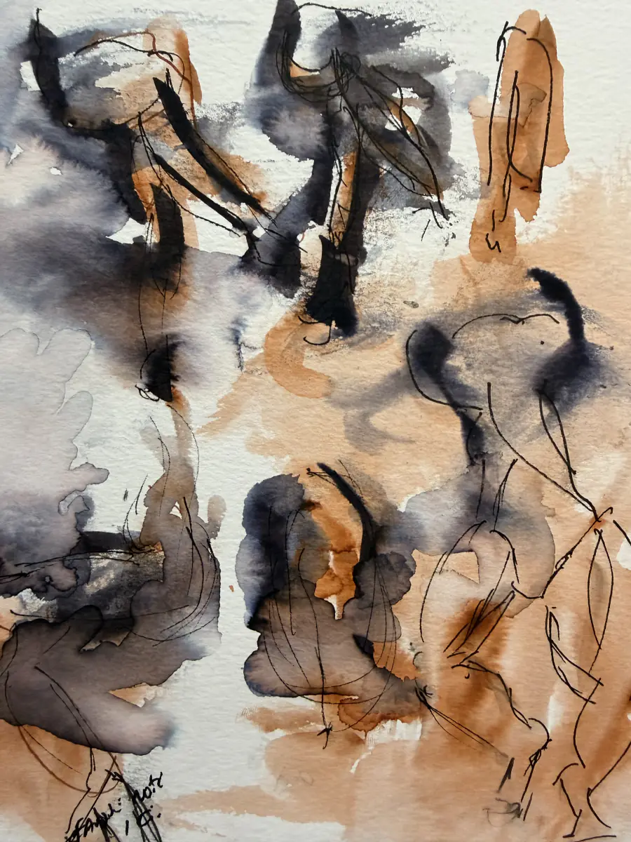Taches d’encre noire et de lavis brun sur papier, traits fins