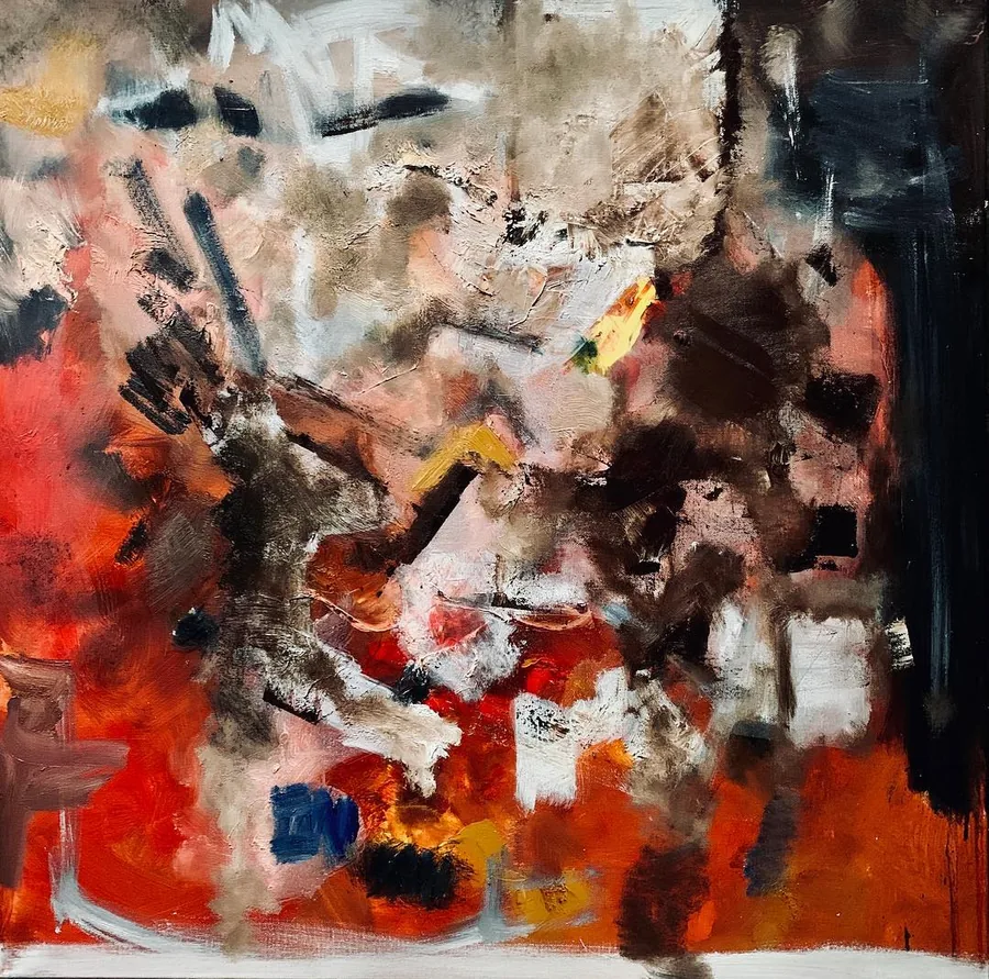 Une composition rouge, blanche et brune