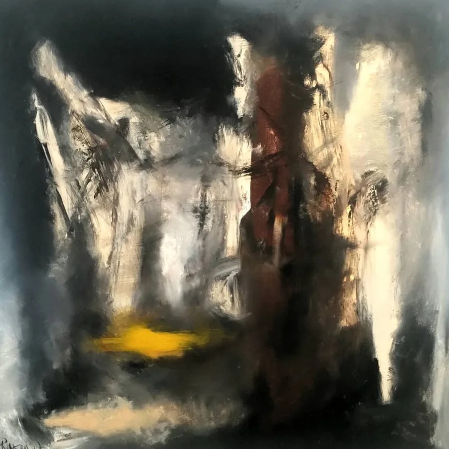 Formes sombres, blancs lumineux et une touche jaune