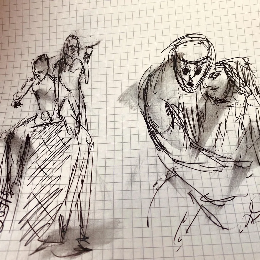Des figures dessinées sur une page quadrillée