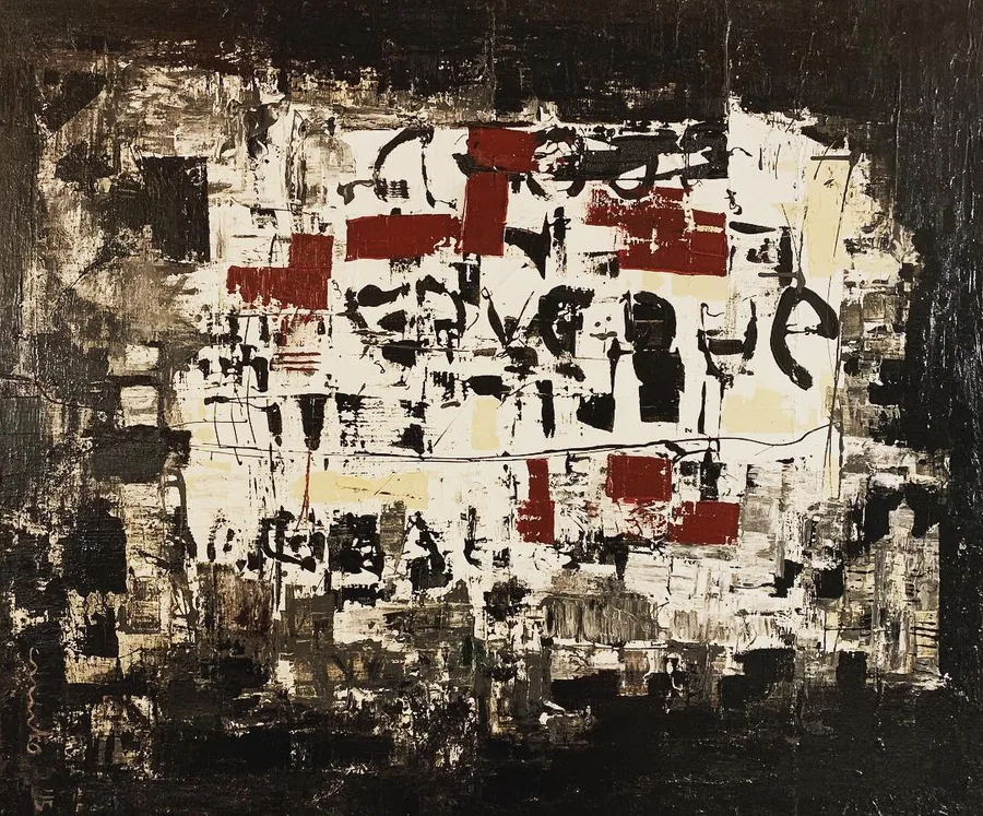 Signes noirs et rouges sur une composition blanche