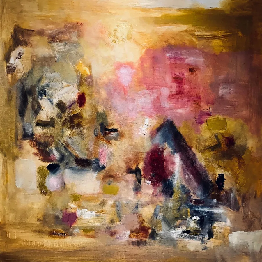 Des formes roses et grises dans une peinture ocre