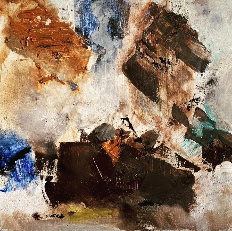 Empâtements bruns, blancs et bleus sur la toile