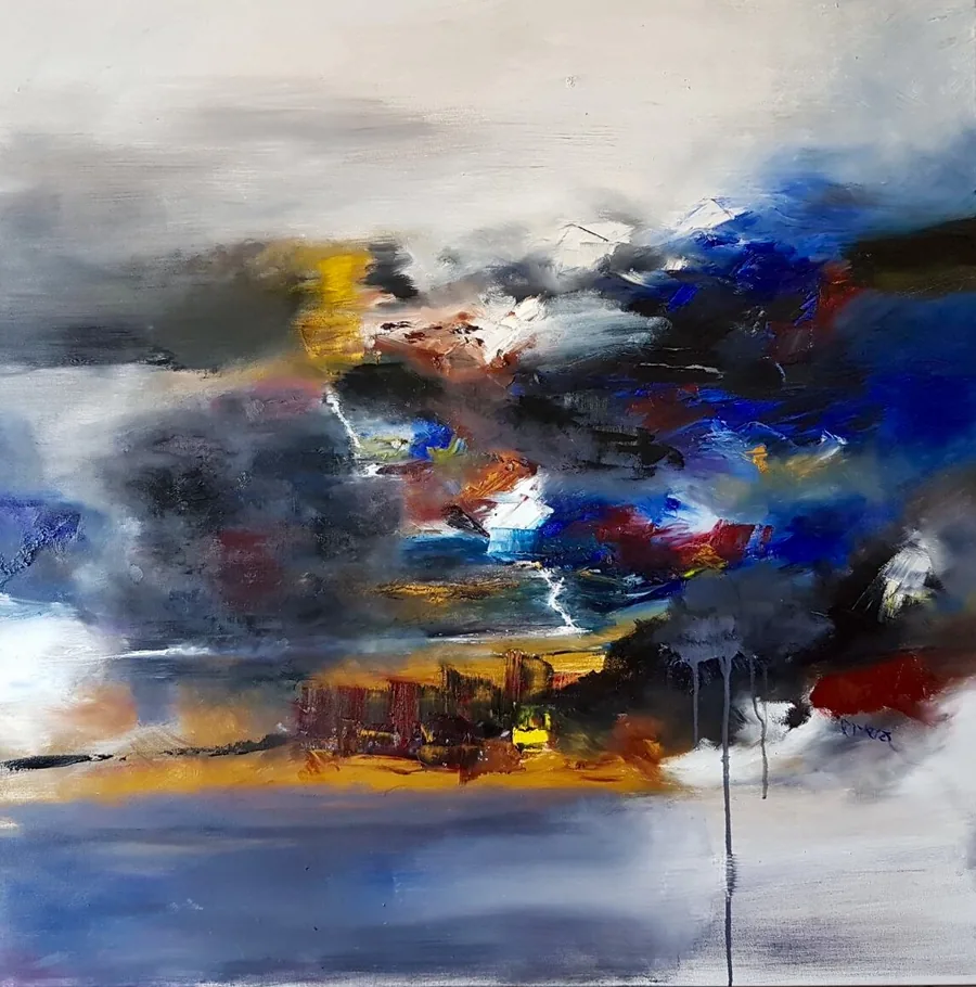 Composition aux bleus intenses, jaunes et gris