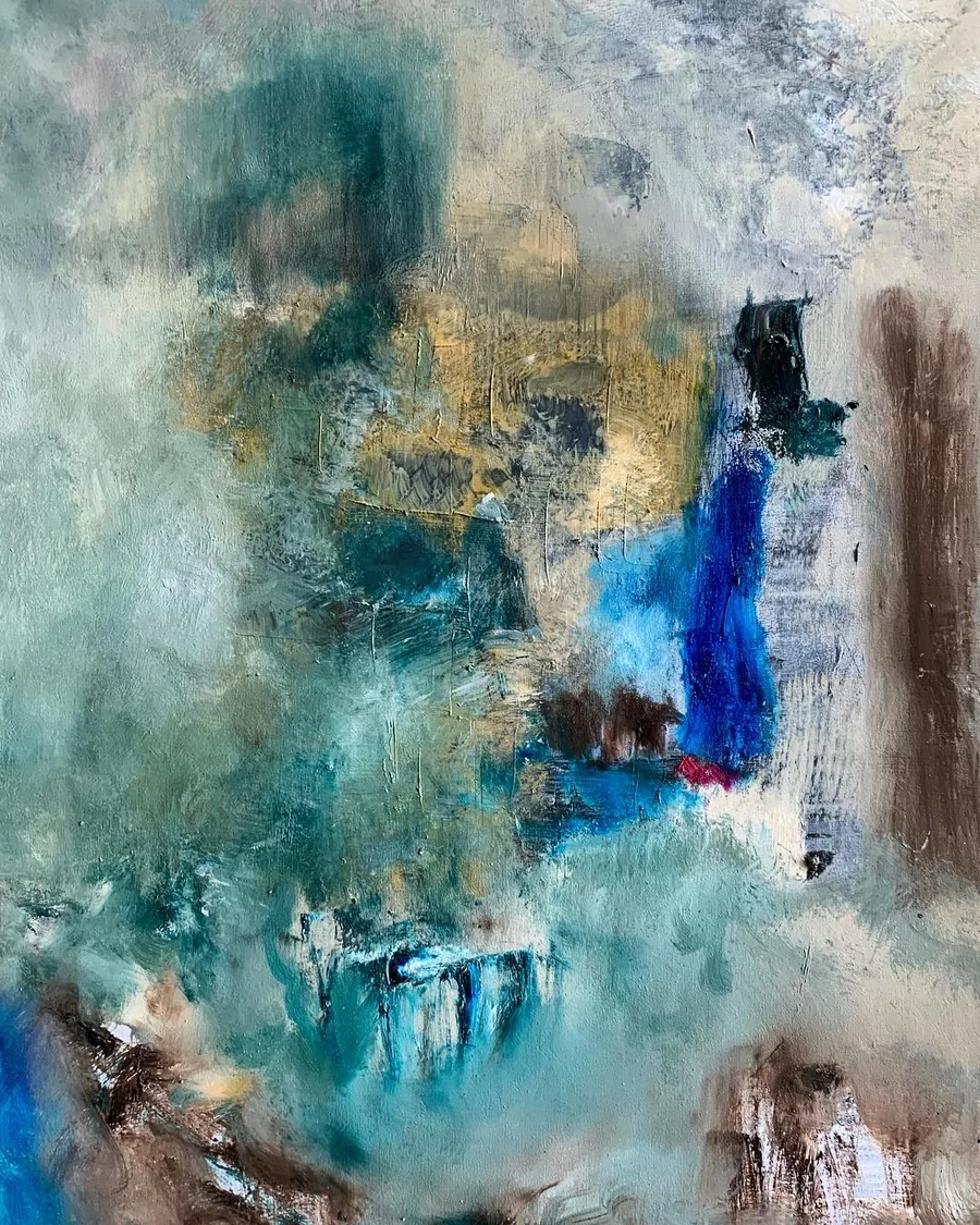 Peinture en verts pâles, bleus et blancs