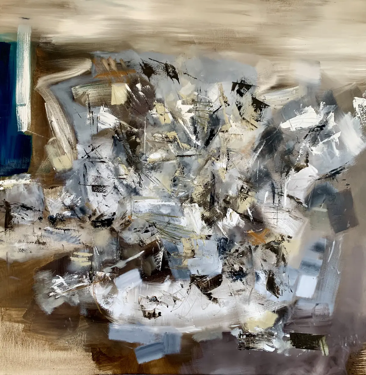 Abstrait 996, huile sur toile aux gestes blancs, noirs, bleus et ocres