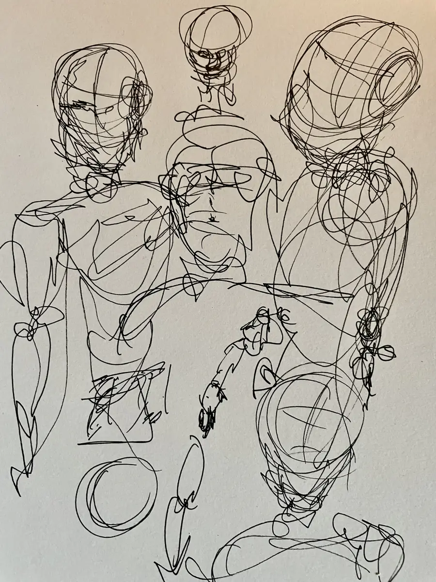 Visages et corps enchevêtrés au trait