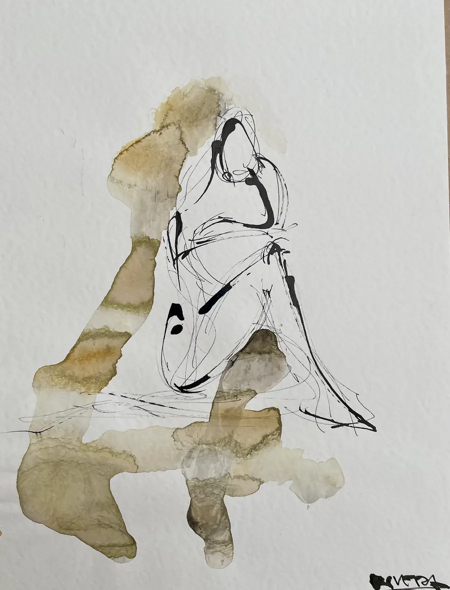 Figure assise et lavis ocre